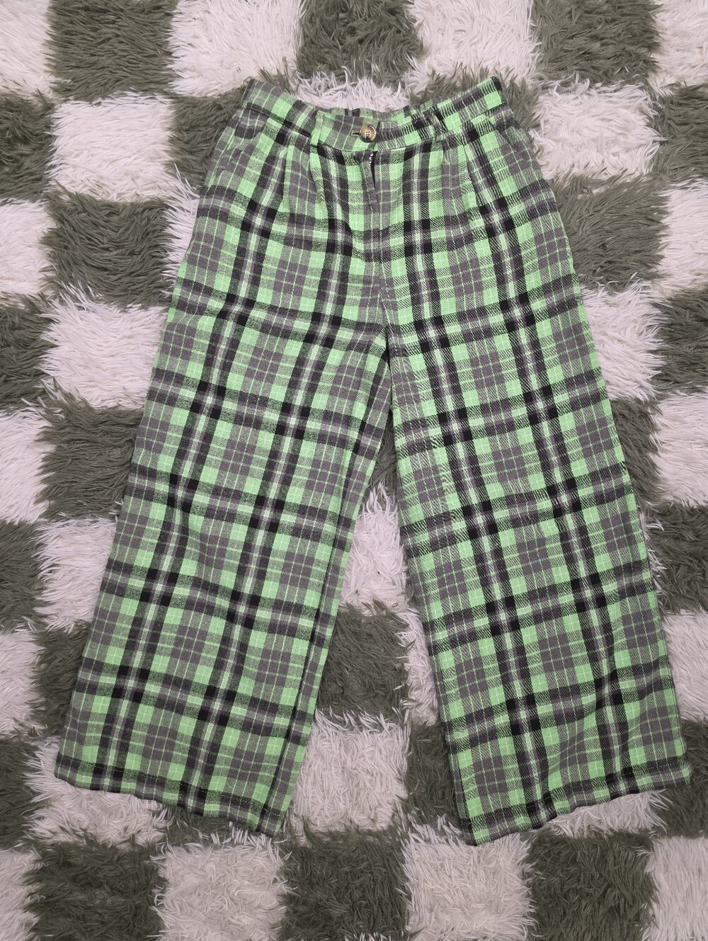 Dressed In Lala Rebel Road Plaid Wide Leg Trousers in Lime